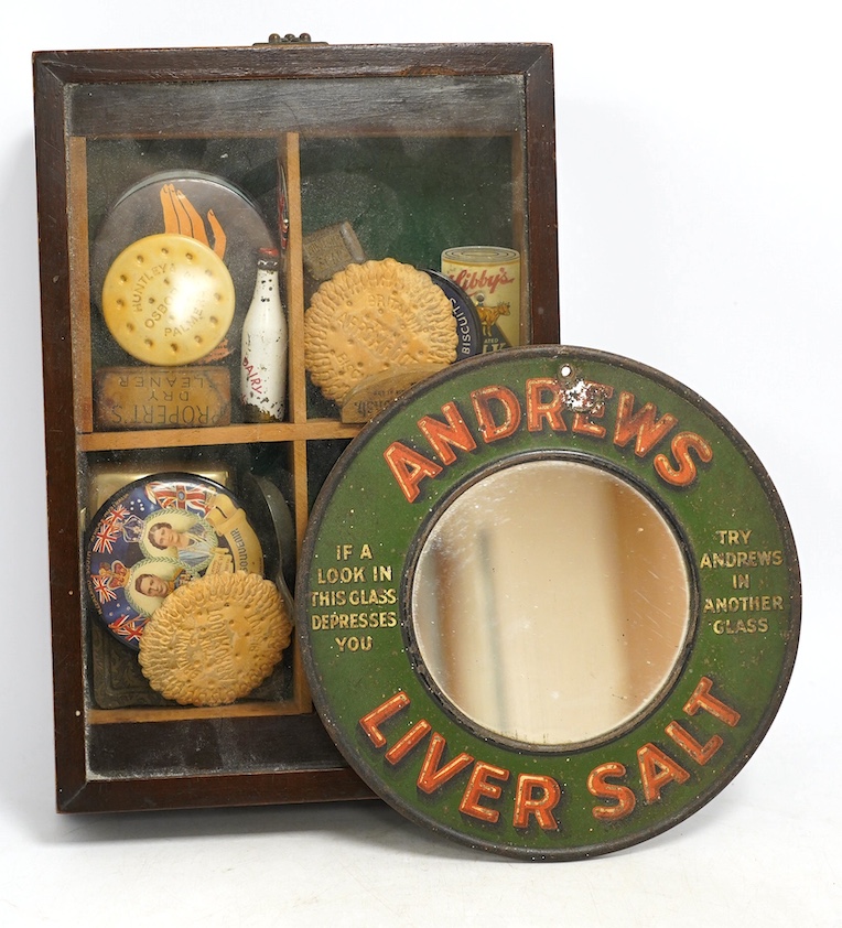 An early 20th century Andrews Liver Salt circular advertising mirror, 20cm diameter, together with a collection of novelty pocket mirrors, milk caps, etc. Condition - fair to good